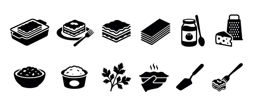 Lasagna preparation and serving icons set featuring various ingredients, cooking tools, and finished dishes for Italian cuisine concepts.