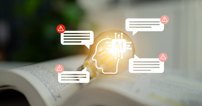 A creative visual of artificial intelligence depicted as a glowing brain, featuring communication bubbles and warning symbols, representing modern technology impact on knowledge. Gantry