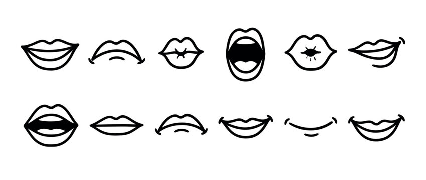 Cartoon lips set showing various facial expressions and emotions, including smiling, talking, and pouting gestures.