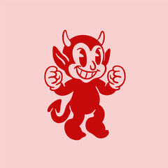 Cute little horned Devil. Red evil happy smiling character. Hand drawn Vector illustration. Halloween, vintage style. Retro cartoon mascot. Isolated design element. Sticker, logo, print template
