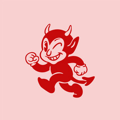 Cute little horned Devil. Red evil blinking smiling character. Hand drawn Vector illustration. Halloween, vintage style. Retro cartoon mascot. Isolated design element. Sticker, logo, print template