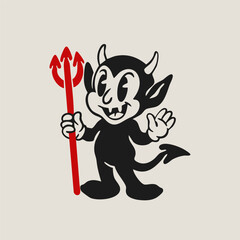 Cute little horned Devil. Funny black character with trident. Hand drawn Vector illustration. Halloween, vintage style. Retro cartoon mascot. Isolated design element. Sticker, logo, print template
