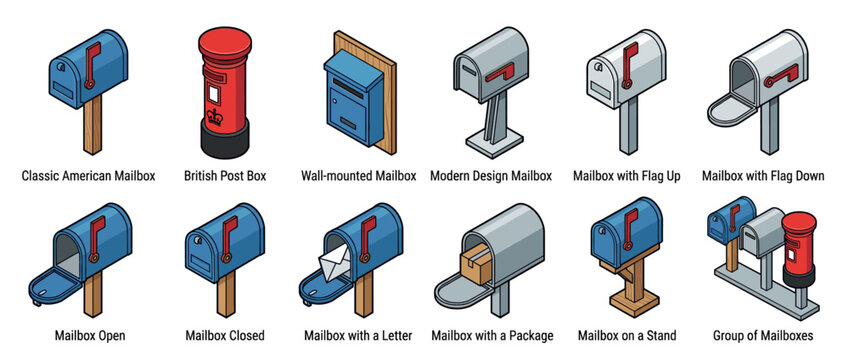 Isometric illustration set featuring a diverse range of mailboxes and post boxes, including classic, modern, and wall-mounted designs.