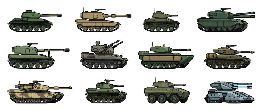 Collection of various cartoon military tanks and armored vehicles in different designs and colors, representing modern warfare.