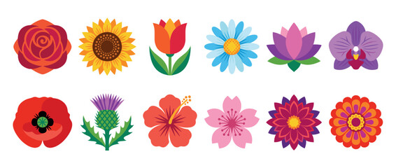 Naklejka premium Colorful flower icons set featuring a variety of beautiful blossoms and botanical elements in a modern flat design style.