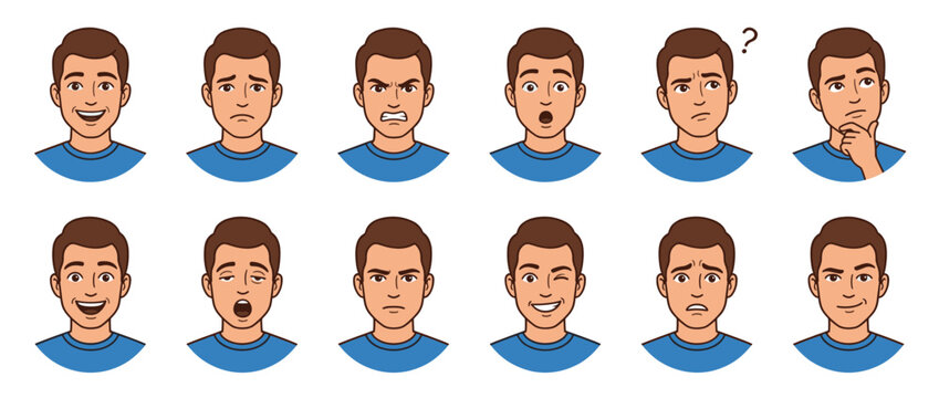 Cartoon man's diverse facial expressions showcasing a wide range of human emotions from happiness and surprise to anger and confusion.