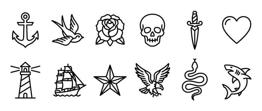 Collection of traditional tattoo style line art icons including anchor, skull, rose, eagle, and other classic symbols.