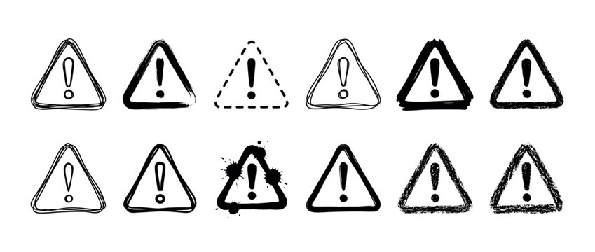 Hand drawn warning signs with exclamation marks in various grunge and doodle styles, indicating caution, danger, or important alerts.