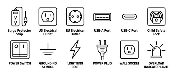 Fototapeta premium Electrical icons, power symbols, and various outlets, plugs, and ports are depicted in a comprehensive set of line art illustrations.