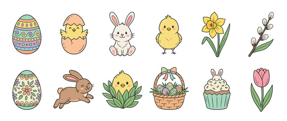 Fototapeta premium Cute Easter eggs, bunnies, chicks, and spring flowers vector illustration set for holiday designs and seasonal celebrations.