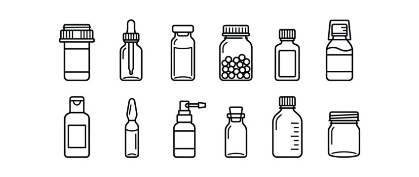 Outline icon set of medical bottles, pharmaceutical containers, and vials for healthcare and pharmacy design elements.
