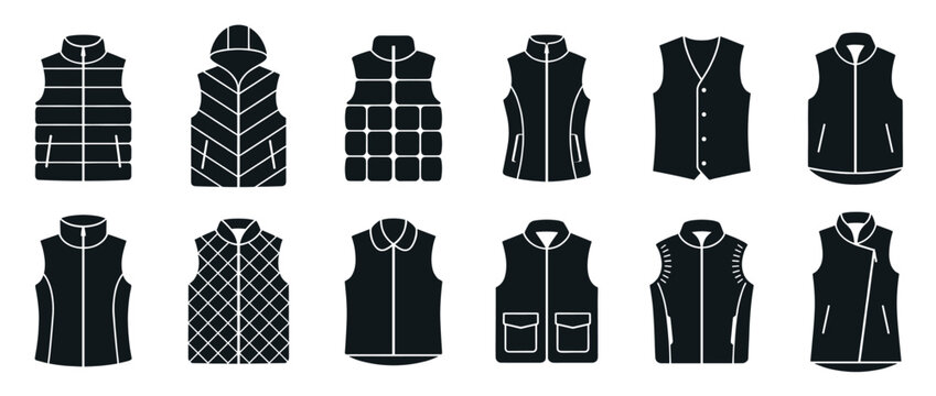 Various styles of vests and waistcoats icon set showcasing different designs for outerwear and formal wear apparel.