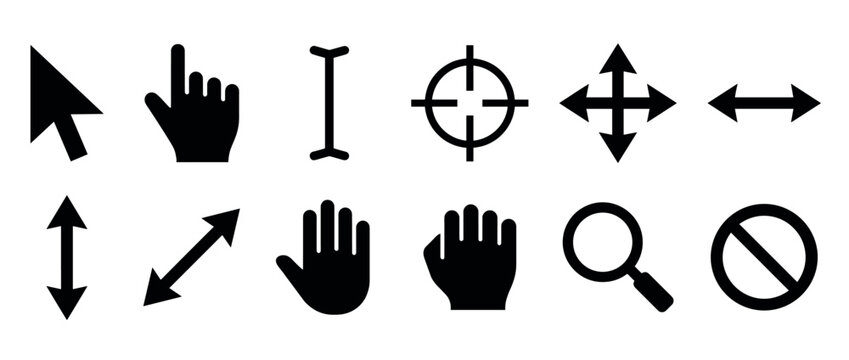 Collection of various black cursor icons and mouse pointers representing different computer interface actions and functions.