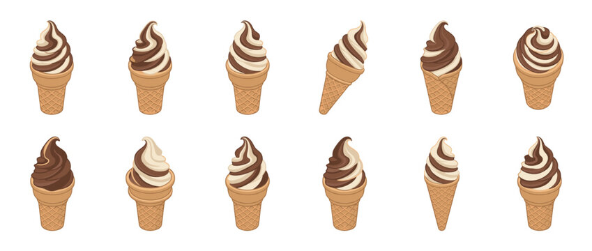 Delicious soft serve ice cream cones with chocolate and vanilla swirl in a sweet dessert illustration pattern.
