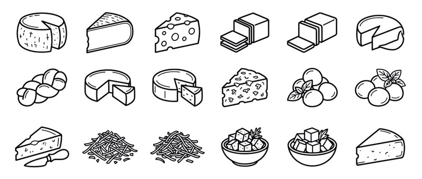 Collection of various cheese types in a hand-drawn line art style, including wheels, wedges, blocks, and shredded forms.