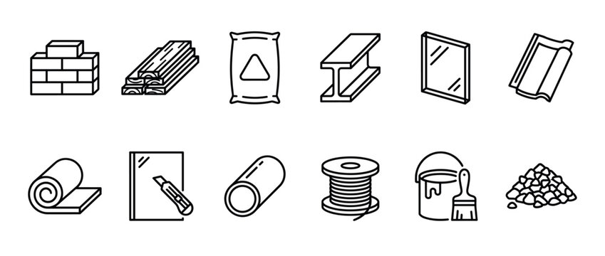 Construction materials and building supplies line art icons set for architecture, engineering, and home improvement projects.