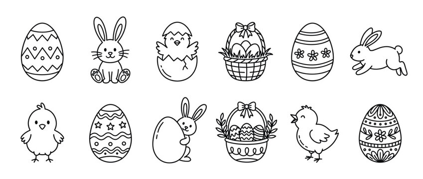 Easter eggs, bunnies, chicks, and baskets are featured in a charming collection of outline illustrations perfect for holiday designs and coloring activities.