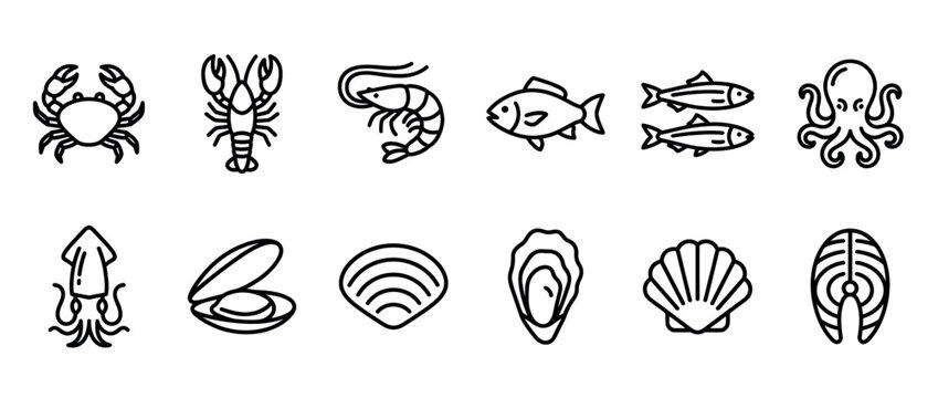 Seafood icons collection featuring various marine animals like crab, lobster, shrimp, fish, octopus, squid, clams, oysters, and scallops in a clean line art style.