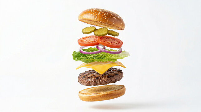 Deconstructed burger with floating ingredients on white background fast food junk food comfort food photography hamburger deconstructed floating ingredients condiments sandwich