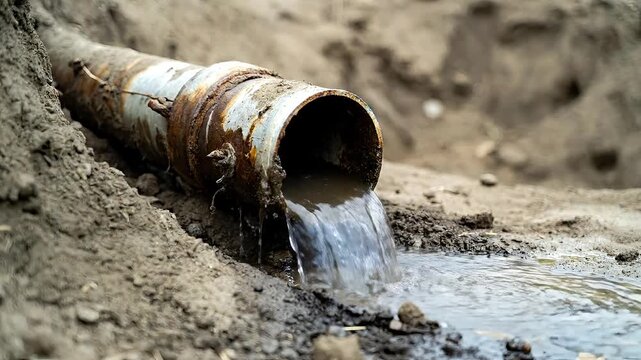 Rusty metal pipe discharging murky water into a ditch on a construction site