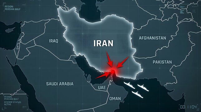 A map of the Middle East showing Iran, with an explosion symbol over the Persian Gulf and fighter jets, indicating military conflict or geopolitical tension.