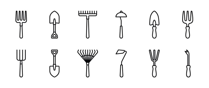 Gardening tools set with various outline icons including forks, shovels, rakes, and hoes for horticulture and agriculture.