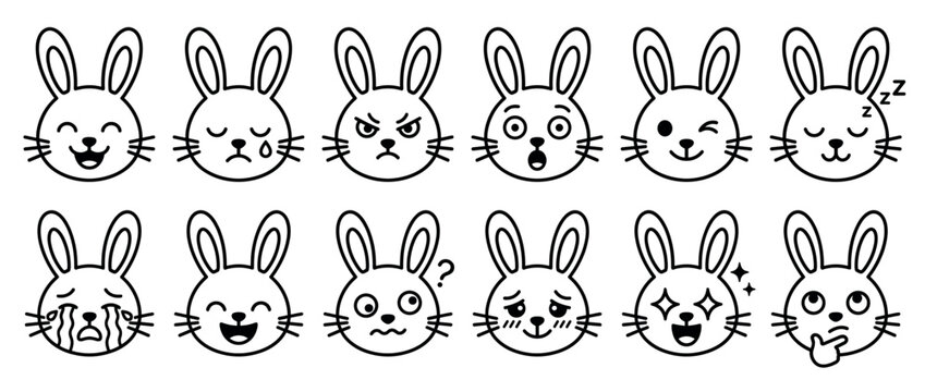Adorable bunny emoji faces showing a wide range of expressions from joy and sleepiness to anger and confusion in a simple line art style.