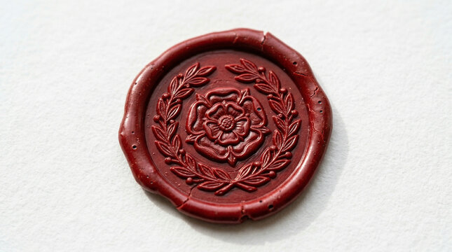 Crimson red wax seal with rose and laurel wreath design embossed circular official document signature authentication heritage tradition heraldic monogram detailed background isolated