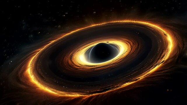 A supermassive black hole in the depths of space. At its center is a pitch-black event horizon, surrounded by a bright, golden-orange accretion disk.