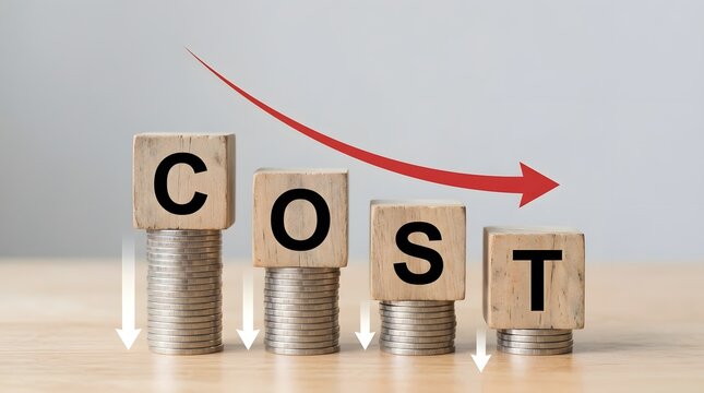 Wooden blocks spelling COST on decreasing coin stacks with a red arrow indicating reduction, symbolizing cost-cutting and financial savings.