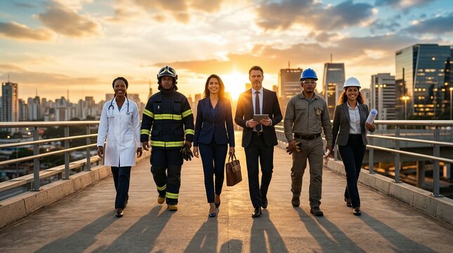 Grupo de profissionais diversos caminhando em dire&ccedil;&atilde;o &agrave; c&acirc;mera com estilo cinematogr&aacute;fico representando uni&atilde;o progresso e for&ccedil;a coletiva no trabalho Dia do Trabalhador