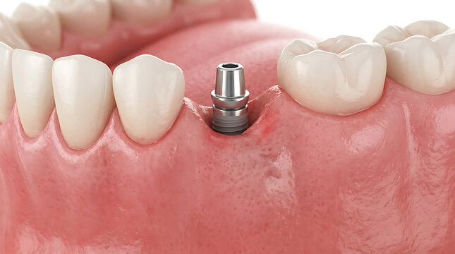 3D Medical Illustration of a Dental Implant Abutment Placed in Human Mandible Gums