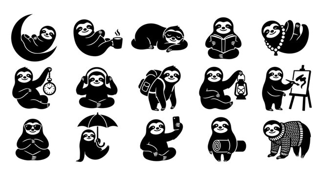 A charming collection of black and white sloth  silhouette illustrations depicting various relaxed and whimsical activities, perfect for design projects related to slow living and cute animal themes.