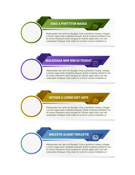 Vector Infographic Company Milestones Timeline Template with big circle photo placeholders and shadow effects. four variation color with icon and sample of text. grey gradient background infographics