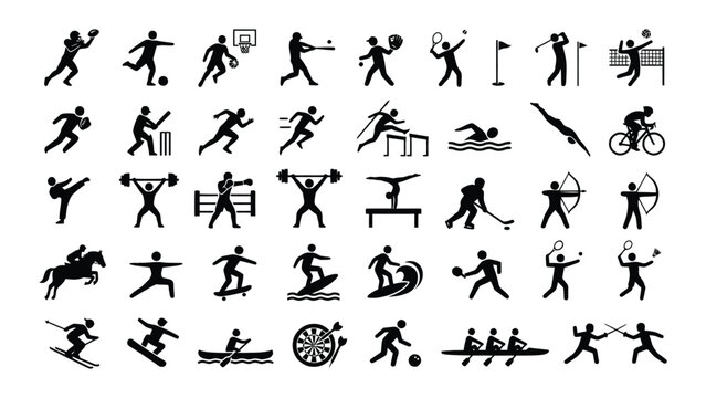 Diverse collection of olympic and common sports icons depicted in black and white