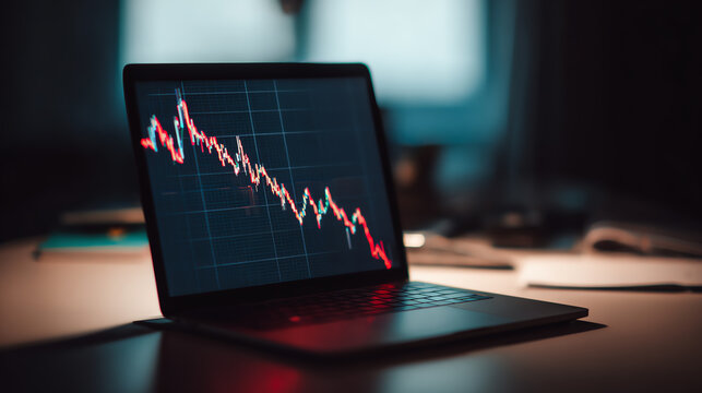 A laptop displaying a stock market decline, symbolizing financial challenges and investment strategies in a modern workspace.