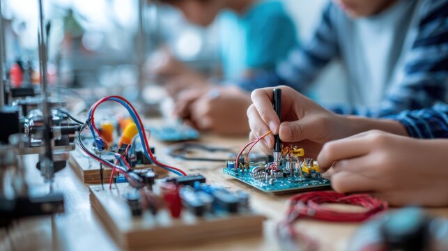 Detailed medium shot of students hands soldering circuits at workbench tools and 3D printer fading into blurred backdrop in STEM makerspace room.