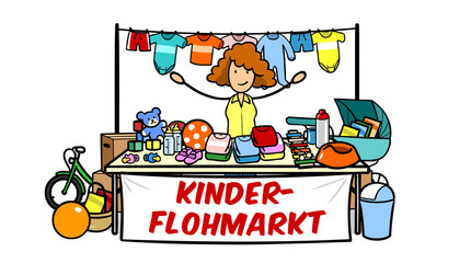 Fototapeta premium Cartoon Frau verkauft Kleidung auf Stand vom Kinderflohmarkt