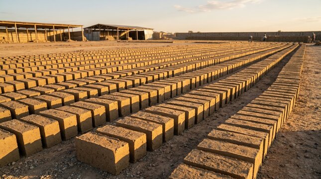 Long rows of sunlit bricks drying in an open outdoor yard emphasizing warm golden light enhancing the texture of the aircuring blocks.