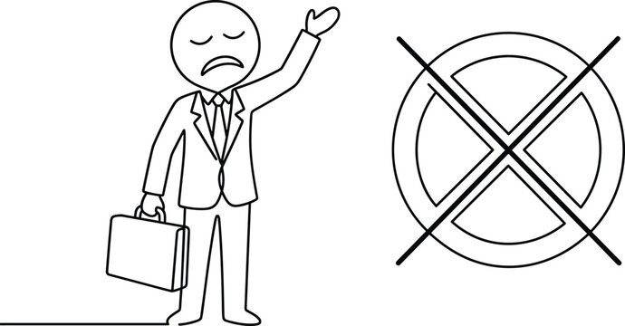 Unhappy businessman gesturing rejection beside prohibited symbol representing denial refusal disapproval and negative response concept in simple line art illustration