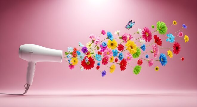 Creative hair dryer, colorful flowers, beauty concept, floral explosion