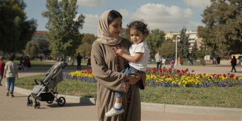 Obraz premium A woman in traditional Middle Eastern attire gently holds her baby close to her body in a serene park setting.
