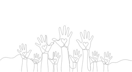 Fototapeta premium Many hands raised in unity line drawing with graphic is perfect for community and teamwork