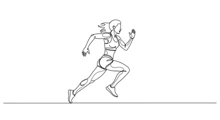 Fototapeta premium Single line drawing of athletic woman running fast, wind in hair, line art