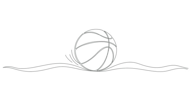 Single line drawing of basketball bouncing on abstract waves with the clean, continuous line