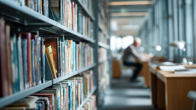 Reorganizing open plan library shelving captured in a medium shot highlighting a focused librarian repositioning books with outoffocus reading areas creating depth.