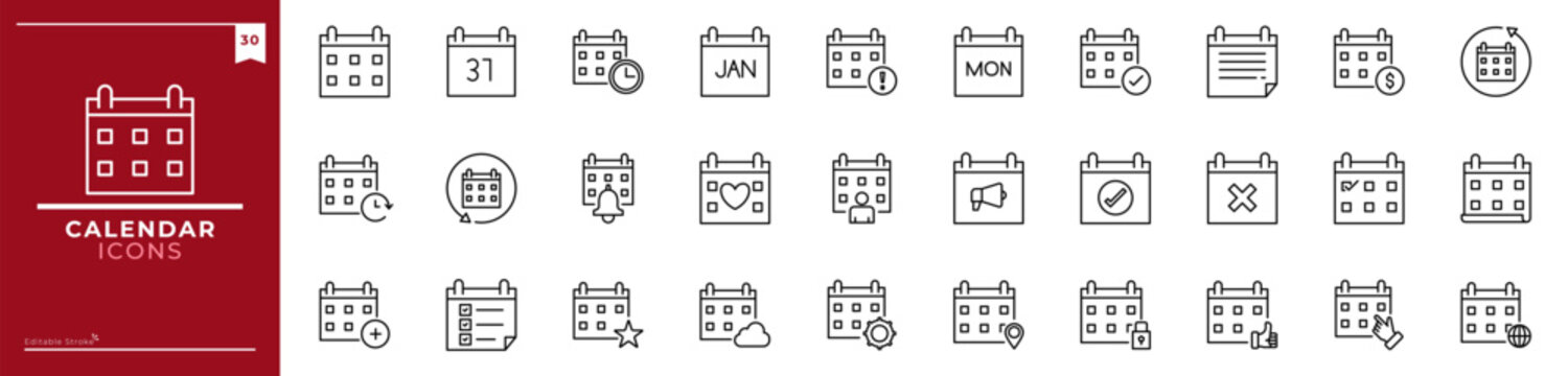 Calendar, Outline icons collection. Simple vector illustration