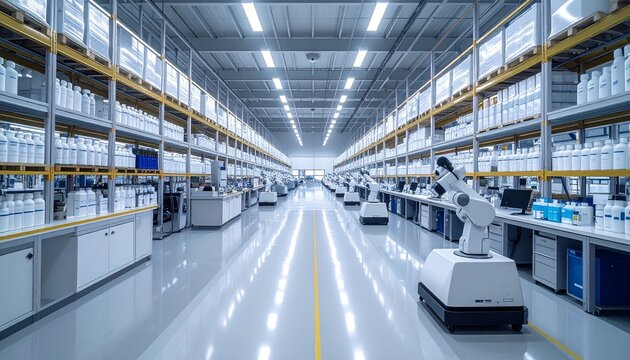 Large factory interior with robot arms and organized shelving of product