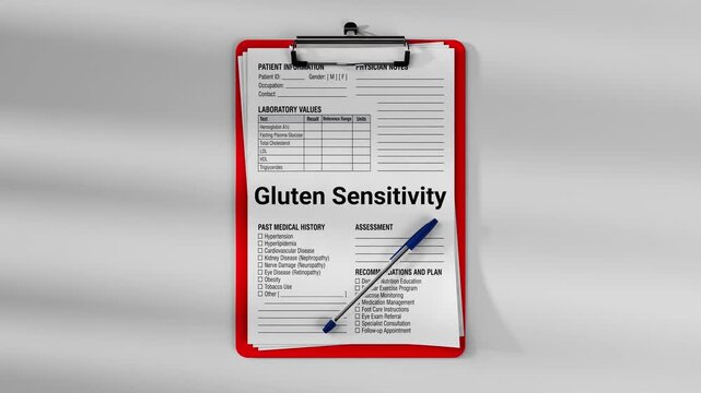 Medical clipboard with patient clinical form showing gluten sensitivity diagnosis and laboratory values. Healthcare documentation concept with physician notes and medical examination record.