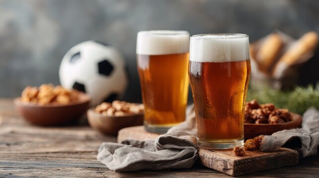 Two pints of beer with snacks, perfect for a soccer game gathering.